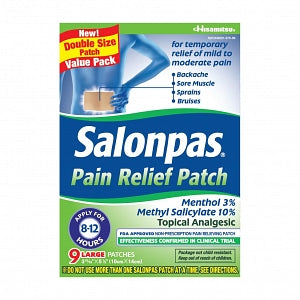 Hisamitsu Pharmaceutical Salonpas Pain Relief Patch - Salonpas Pain Relieving Patch with Menthol and Methyl Salicylate, 4" x 5.5", 9/Box - 46581-0675-09