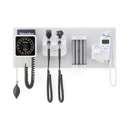 Green Series 777 - Wall Transformer Welch Allyn Integrated Wall System with Coaxial LED Ophthalmoscope, MacroView Basic LED Otoscope, BP Aneroid, Ear Specula Dispenser, and SureTemp Plus Thermometer - 777-SM2WAS