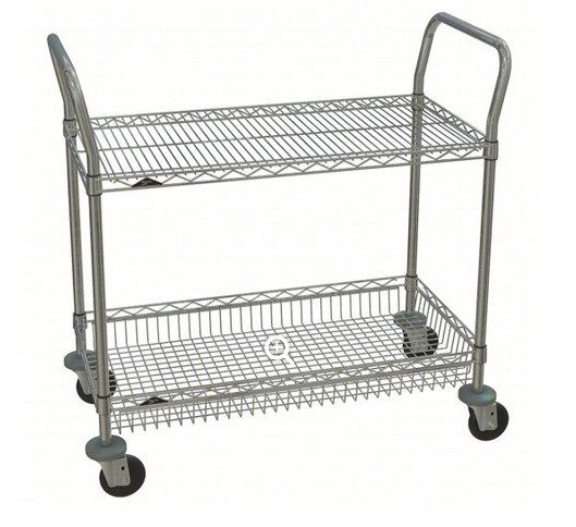 METRO Wire Shelf Utility Cart: 375 lb, 2 Shelf, 36 in L x 18 in W x 38 in H Dim, Silver, Flat -