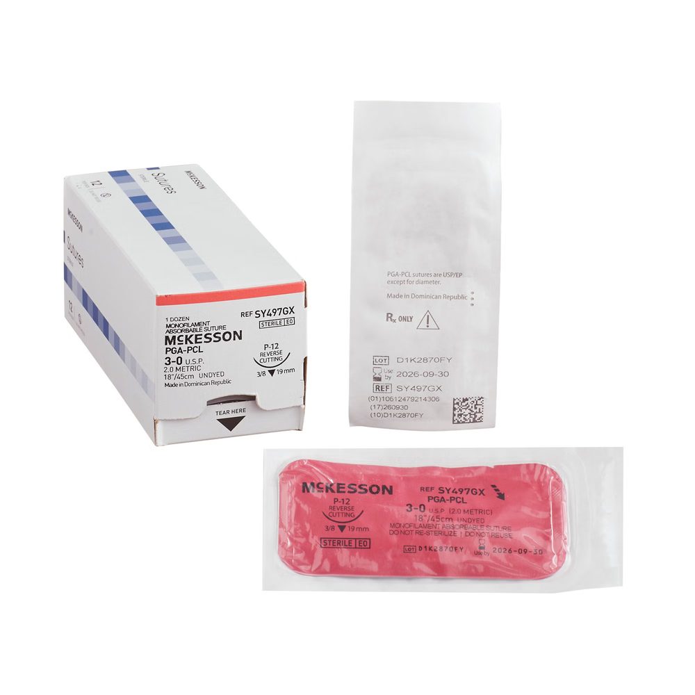Absorbable Suture with Needle McKesson Polyglycolic Acid / PCL P-12 3/8 Circle Precision Reverse Cutting Needle Size 3-0 Monofilament - SY497GX