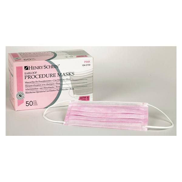 Henry Schein Face Mask Earloop HSI Level 1 Fluid Resistant Pink 50/Bx