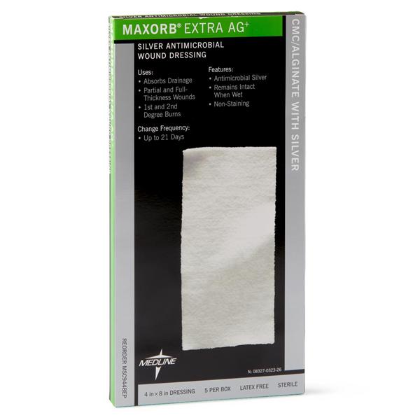 Medline Industries  Dressing Maxorb Extra Ag Alginate/Silver 4x8" Strl Absorbent 5/Bx, 10 BX/CA (MSC9448EP)