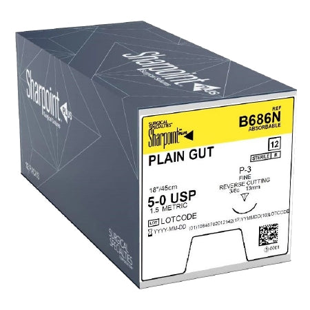 Surgical Specialties Absorbable Undyed Gut Sutures - 18" Plain Gut Sutures with P-3 Needle, 5-0 - B686N