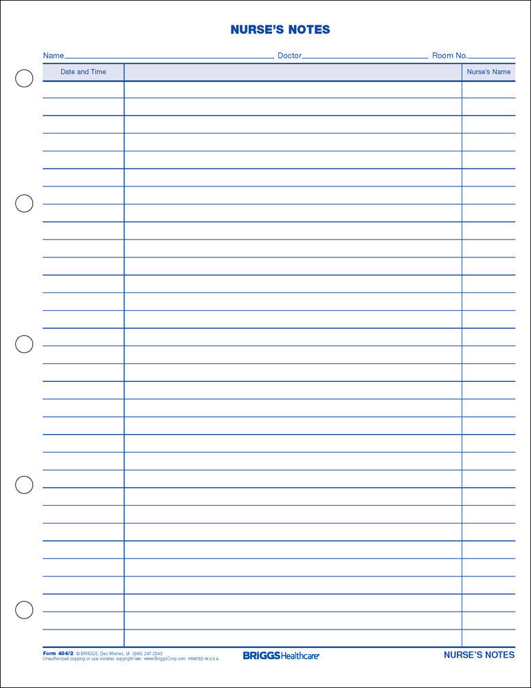 Briggs Nurse S Notes 2 Sided Form Nurse S Note Pad 100 Sheets 484