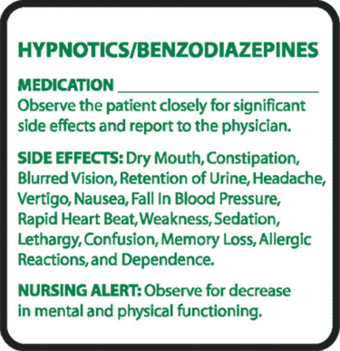 Briggs Preprinted "Hypnotics / Benzodiazepines" Drug Labels Chemical