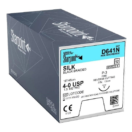 Surgical Specialties Black Braided Silk Sutures - Black Silk Braided Suture with P-3 Needle, 18" Long, Size 4-0 - D641N