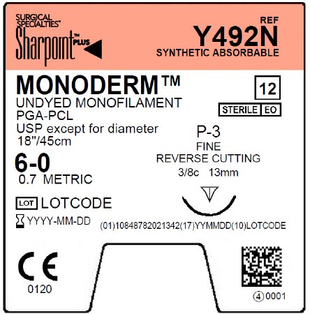 Surgical Special Monoderm Monofilament Conventional Suture - Monoderm DSCM13 Suture, Size 6-0, Undyed, 18" - Y492N