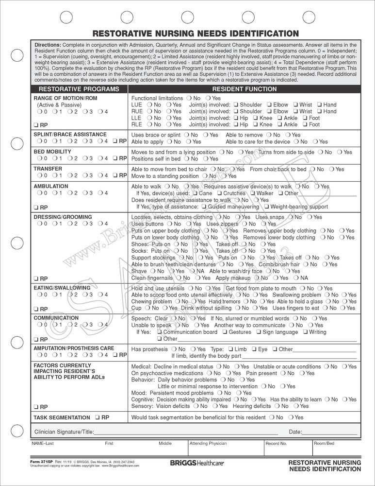 Briggs Restorative Nursing Needs Identification - Restorative Nurses Form, Needs Identification - 3715P