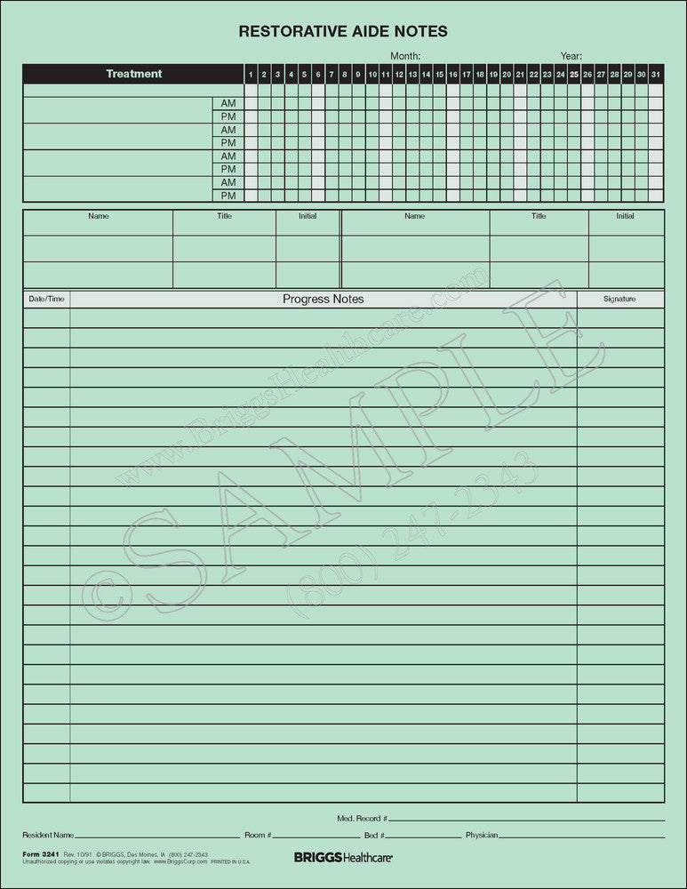 Briggs Corp Restorative Aide Notes Form - Restorative Aide Form, Notes ...