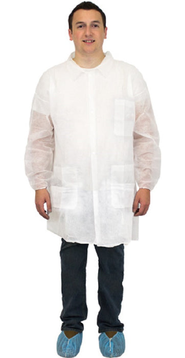 Safety Zone White Poly Lab Coats - LAB COAT, PP, ECON, WHT, W/POCKETS&WRISTS, LG - DLWH-LG-E-EW