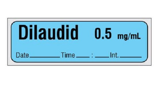 Shamrock Scientific Pre-Cut Anesthesia Drug Labels - Dilaudid Label, 0.5 mg / mL, Date, Time, Initial, Cut - SA-2422-DTI-PRE