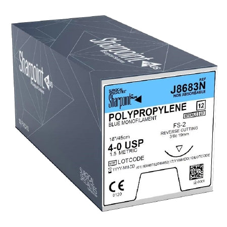 Surgical Specialties Blue Monofilament Polypropylene Sutures - SUTURE, POLY, BLUE MONO, REV C, 4-0, 18", 19MM - J8683N