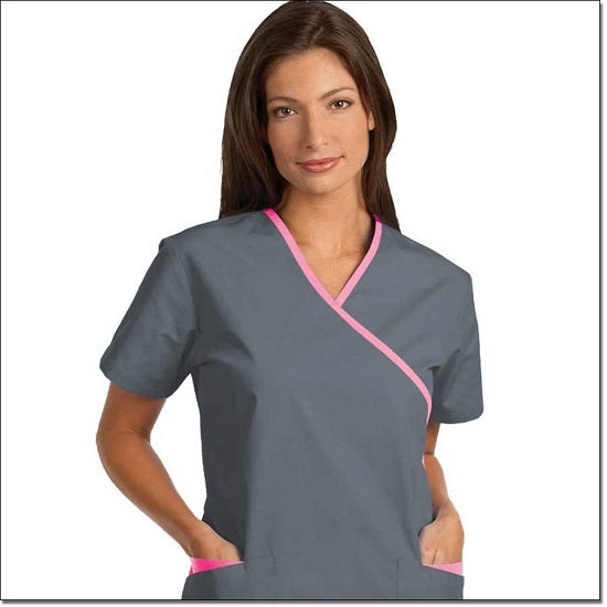 Fashion Seal Healthcare Women's Fashion Poplin Cross-Over Tunic with Contrasting Trim - Pewter/Pretty Pink