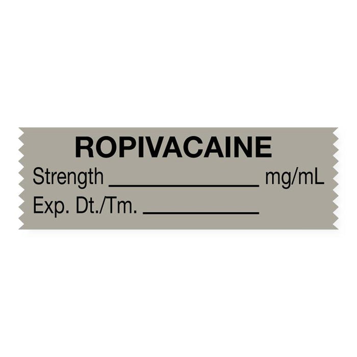 United Ad Label Anesthesia Tapes - Anesthesia Tape Labels, 1-1/2" x 1/2", ROPIVACAINE with Strength, Date / Time and Initials, Gray, 500"/Roll - ULTJ115