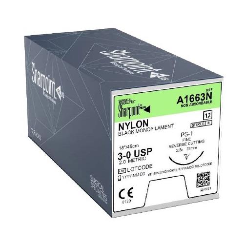 Surgical Specialties Nylon Black Monofilament Suture - SUTURE, NYLON, 4-0, BL, 18, FS-1, RC, 24, 3/8C - A1629NV