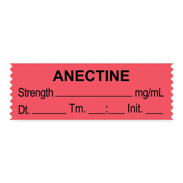 United Ad Label Anesthesia Tapes - Anesthesia Tape Labels, 1-1/2" x 1/2", ANECTINE with Strength, Date / Time and Initials, Fluorescent Red, 500"/Roll - ULTJ051-D