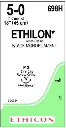 Ethicon Precision Point Nonabsorbable Nylon Surgical Monofilament Suture - Precision Point Nonabsorbable Nylon Surgical Monofilament Suture, Pliabilized, Black, 5/0, 18", P-3 Needle - 698H