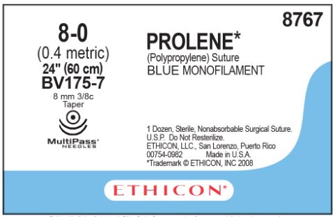 Ethicon Prolene Sutures with Hemo-Seal - PROLENE Polypropylene Monofilament Suture, Blue, Double-Armed, BV175-7 Needle, Size 8-0, 24" - 8767