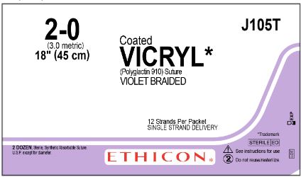 Ethicon Coated Vicryl (polyglactin 910) Suture b - SUTURE, VICRYL, 2/0, 12X18, VIOLET, 45CM, VA - J105T