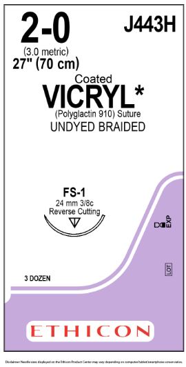 Ethicon Coated Vicryl (polyglactin 910) Suture b - SUTURE, 2/0 27 CTD VIC UND BR FS-, VA - J443H