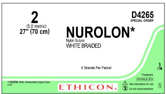 Ethicon Nurolon Nylon Sutures - Nurolon White Braided Nylon Nonabsorbable Suture, No Needle, 8 x 27", Size 2 - D4265