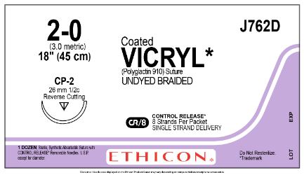 Ethicon Coated Vicryl (polyglactin 910) Suture b - SUTURE, 2/0 8-18 CTD VIC UND BR C, VA - J762D