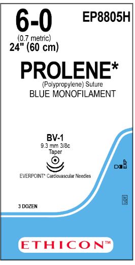 Ethicon Prolene Sutures - Prolene Monofilament Suture, Blue, Size 6-0, 24", Double Arm, 3/8 Circle BV-1 Needle - EP8805H
