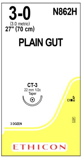 Ethicon Taper Point Plain Gut Absorbable Sutures - Taper Point Plain Gut Absorbable Suture, Size 3-0, 27", CT3/FN2 Needle - N862H