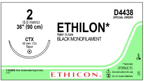 Ethicon D-Special Sutures - D-Special Ethilon Suture, Black Monofilament, Size 2, 36", with CTX Needle - D4438