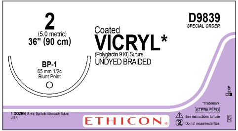 Ethicon D-Special Sutures - D-Special Coated Vicryl Suture, Undyed Braided, Size 2-0, 36", with BP-1 Needle - D9839