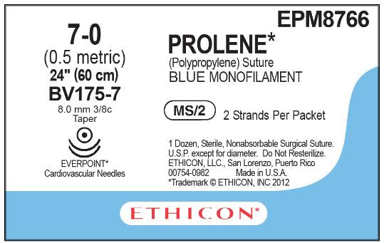 Ethicon Prolene Sutures - Prolene Monofilament Suture, Blue, Size 7-0, 2" x 24", Double Arm, BV175-7 Needle - EPM8766