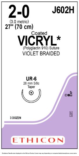 Ethicon Coated Vicryl (polyglactin 910) Suture b - SUTURE, 2/0 27 CTD VIC VIO BR UR-, VA - J602H