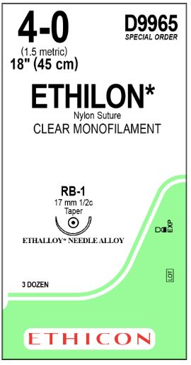 Ethicon D-Special Sutures - D-Special Ethilon Suture, Clear Monofilament, Size 4-0, 18", with RB-1 Needle - D9965