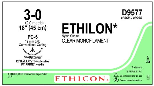 Ethicon Ethilon Sutures - Ethilon Suture, Clear Monofilament, Size 3-0, 18", D-Pack, Single Arm, PC-5 Needle - D9577