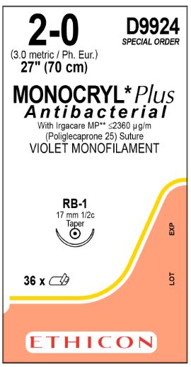 Ethicon Taperpoint Monocryl Plus Dyed Suture - Monocryl Suture, Dyed, D-Special, RB-1Size 2-0 - D9924
