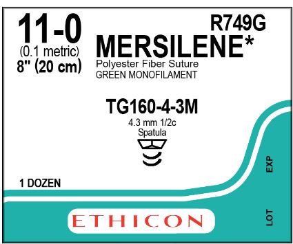 Ethicon Micropoint Spatula Mersilene Non-Absorbable Sutures - Mersilene Suture, Green Monofilament, Size 11/0, 8" - R749G
