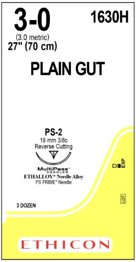 Ethicon Plain Gut Absorbable Sutures - Precision Point Plain Gut Suture, Size 3/0, 27", PS-2 Needle - 1630H