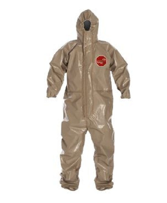 DuPont Tychem 5000 Coveralls with Attached Gloves - Tychem 5000 Zipper Front Coverall with Hood, Elastic Wrist and Ankle, Storm Flap, Tan, Size 5XL, NFPA 1992, with Gloves - C3198TTN5X0006WG