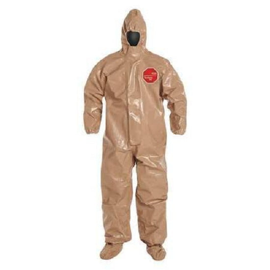 DuPont Tychem 5000 Coveralls with Attached Gloves - Tychem 5000 Coverall with Hood and Socks with Boot Flaps, Tan, Size S, Bulk Packed - C3199TTNSM000600