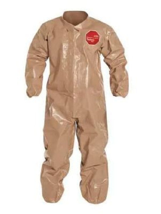DuPont Tychem 5000 Coveralls with Attached Gloves - Tychem 5000 Zipper Front Coverall with Elastic Wrist and Ankle, Storm Flap, Tan, Size 4XL, Bulk Packed - C3125TTN4X000600