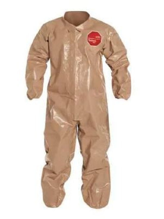DuPont Tychem 5000 Coveralls with Attached Gloves - Tychem 5000 Zipper Front Coverall with Elastic Wrist and Ankle, Storm Flap, Tan, Size 4XL, Bulk Packed - C3125TTN4X000600