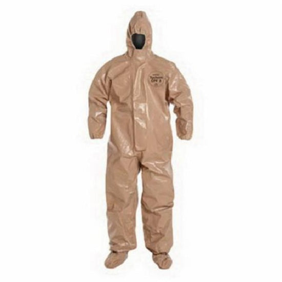 DuPont Tychem 5000 Coveralls with Attached Gloves - Tychem 5000 Coverall with Hood, Socks with Boot Flaps, Double Storm Flap, Tan, Size 5XL - C3128TTN5X00062K