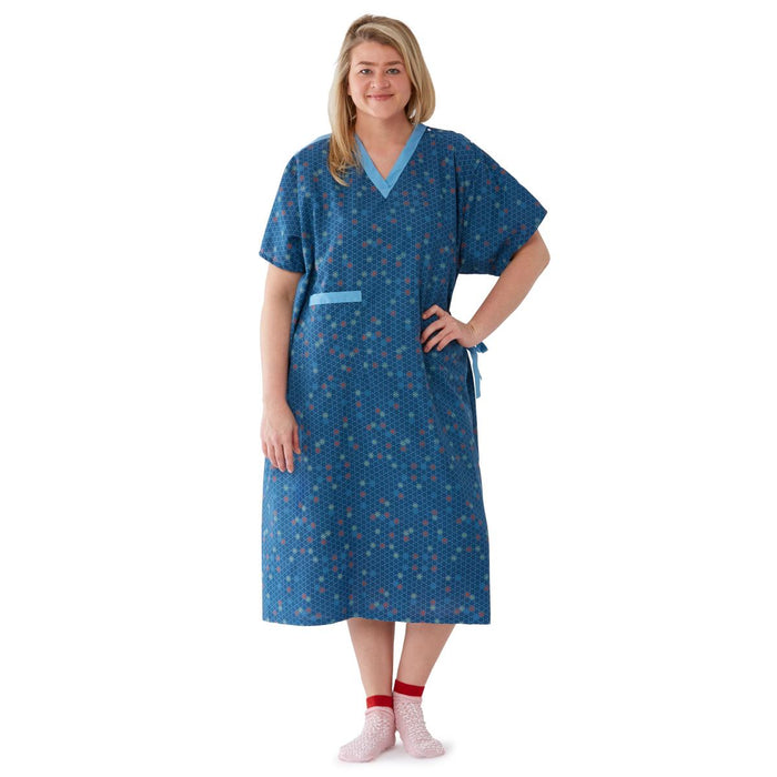 Patient Gown-Front Open Overlap-Checks-Sky Blue (HP25) - Hospriqs