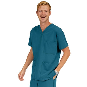 Medline Madison ave Unisex Stretch Fabric Scrub Top with 3 Pockets - Madison ave Unisex Scrub Top with 3 Pockets, Size S, Caribbean Blue - 5515CRBS