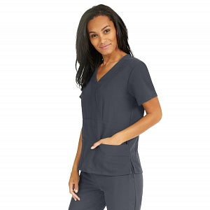 Medline Park Ave Women's Stretch Fabric Mock Wrap Scrub Top with Pockets - Park ave Women's Mock Wrap Scrub Top with 2 Pockets, Size S, Charcoal - 5587CHRS