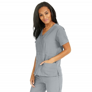 Medline Park Ave Women's Stretch Fabric Mock Wrap Scrub Top with Pockets - Park ave Women's Mock Wrap Scrub Top with 2 Pockets, Size M, Light Gray - 5587GRYM