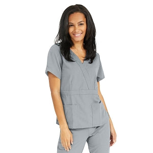 Medline Park Ave Women's Stretch Fabric Mock Wrap Scrub Top with Pockets - Park ave Women's Mock Wrap Scrub Top with 2 Pockets, Size M, Light Gray - 5587GRYM