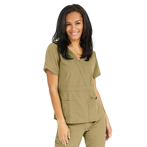 Medline Park Ave Women's Stretch Fabric Mock Wrap Scrub Top with Pockets - Park ave Women's Mock Wrap Scrub Top with 2 Pockets, Size L, Khaki - 5587KHKL