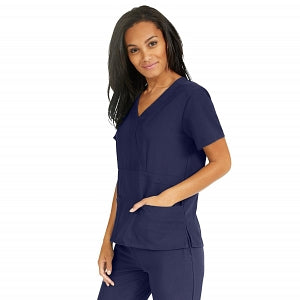 Medline Park Ave Women's Stretch Fabric Mock Wrap Scrub Top with Pockets - Park ave Women's Mock Wrap Scrub Top with 2 Pockets, Size 2XL, Navy - 5587NVYXXL