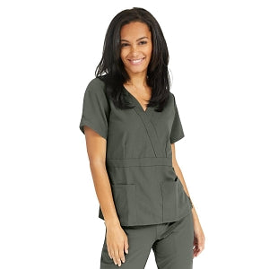 Medline Park Ave Women's Stretch Fabric Mock Wrap Scrub Top with Pockets - Park ave Women's Mock Wrap Scrub Top with 2 Pockets, Size S, Olive - 5587OLVS